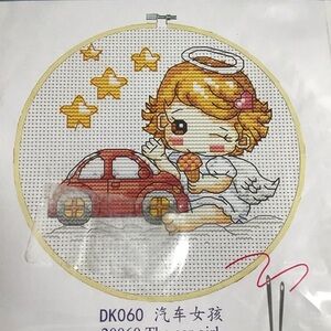 Baby Girl Angel Cross Stitch Kit Pink The Car Girl Joy Sunday Nursery Decor NEW